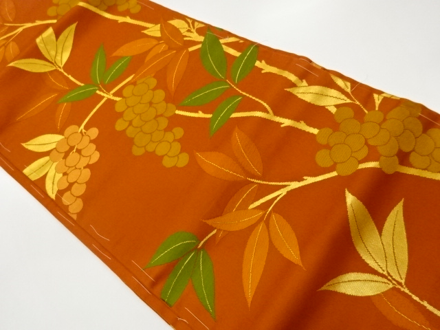 JAPANESE NAGOYA OBI / UNUSED / WOVEN GRAPE ARABESQUE